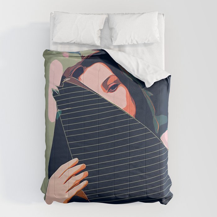 Don't Be Shy, Bohemian Woman Fashion Illustration, Eclectic Tropical Banana Leaves Feminism Comforter Gallery Image 6
