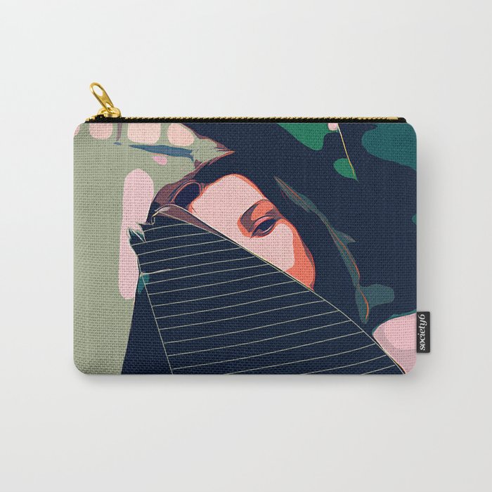 Don't Be Shy, Bohemian Woman Fashion Illustration, Eclectic Tropical Banana Leaves Feminism Carry All Pouch Gallery Image 1
