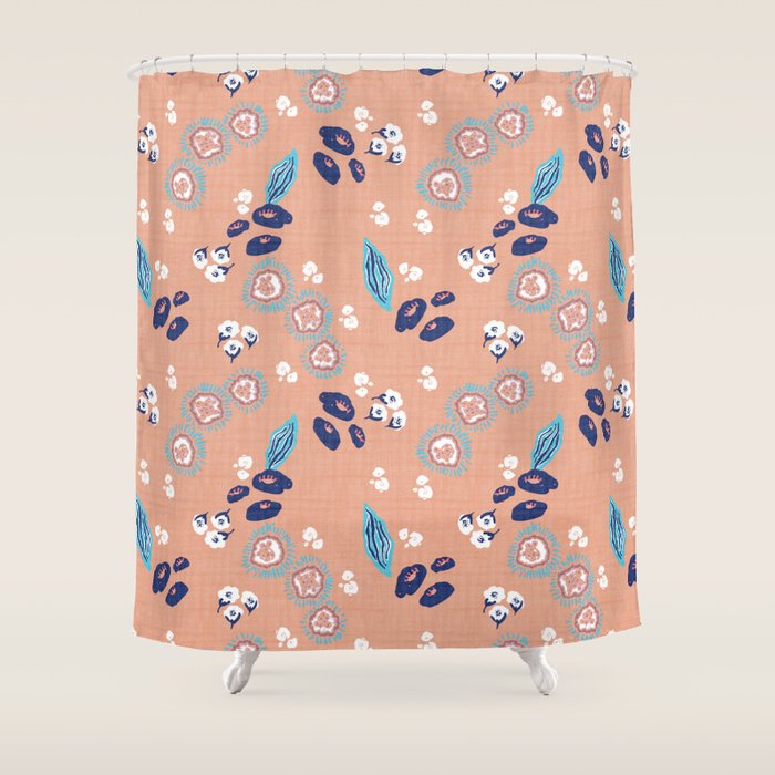 Romantic Abstract Flowers Blue and Muted Pink Shower Curtain Gallery Image 1