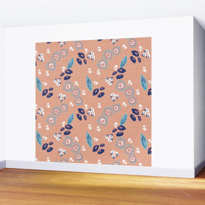 Romantic Abstract Flowers Blue and Muted Pink Wall Mural Gallery Image 2