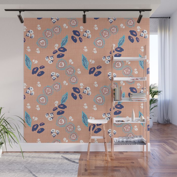 Romantic Abstract Flowers Blue and Muted Pink Wall Mural Gallery Image 1