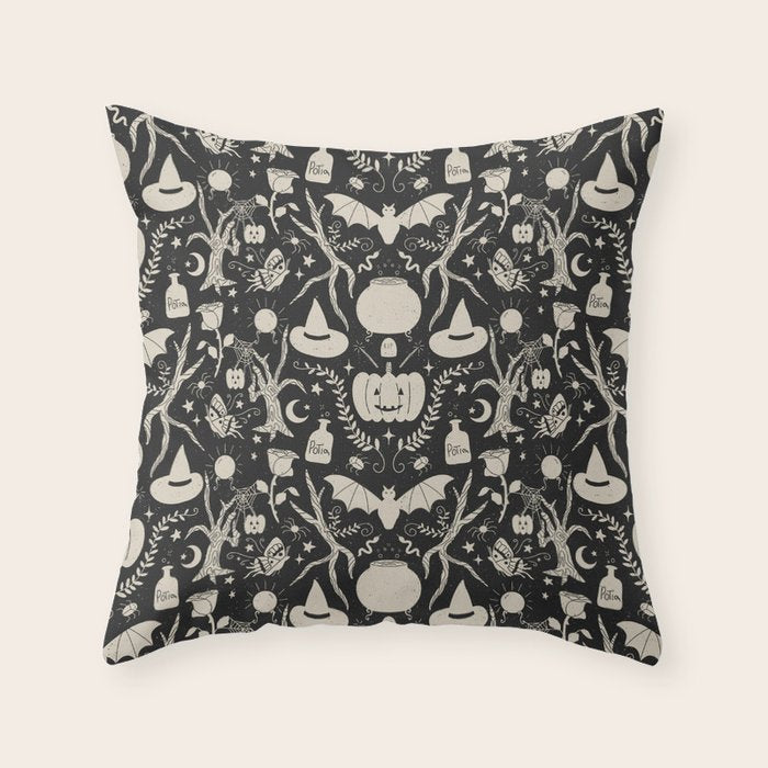 Spooky Things Two Tone - Black Beige Throw Pillow Gallery Image 6
