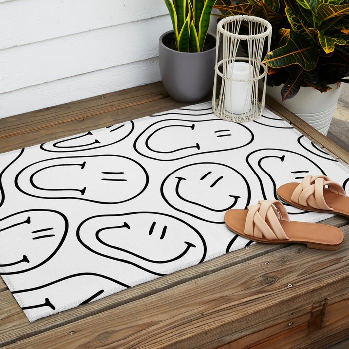 Black and white happy smiling face cartoon pattern Outdoor Rug Gallery Image 2