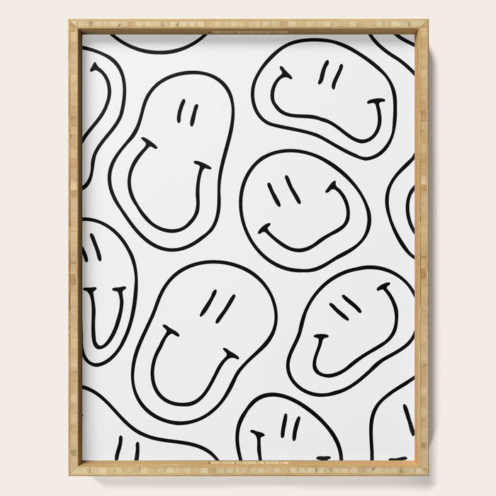Black and white happy smiling face cartoon pattern Serving Tray Gallery Image 1