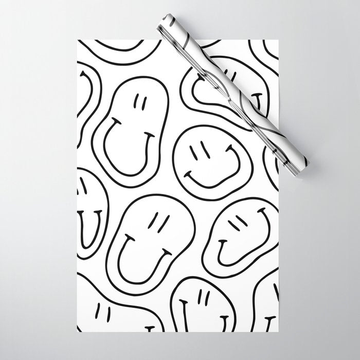 Black and white happy smiling face cartoon pattern Wrapping Paper Gallery Image 1