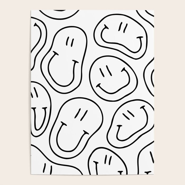 Black and white happy smiling face cartoon pattern Poster Gallery Image 1