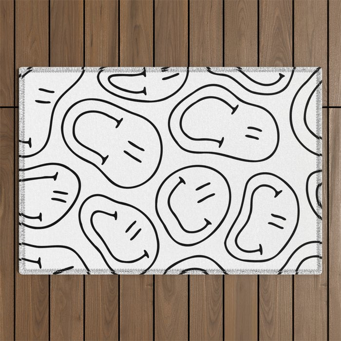 Black and white happy smiling face cartoon pattern Outdoor Rug Gallery Image 1
