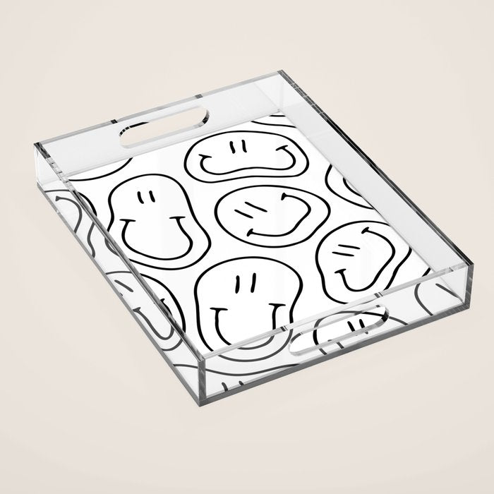 Black and white happy smiling face cartoon pattern Acrylic Tray Gallery Image 1