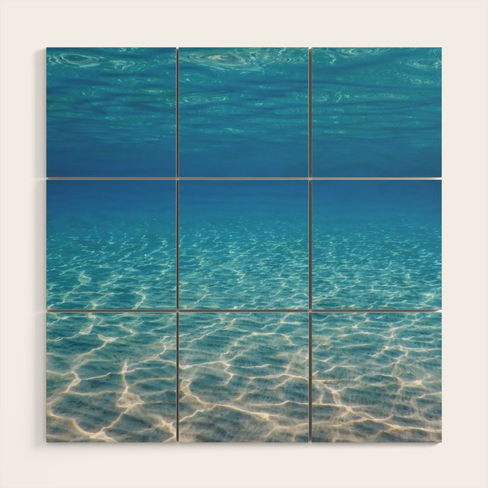 Underwater Blue Ocean, Sandy sea bottom Underwater background Wood Wall Art Gallery Image 1