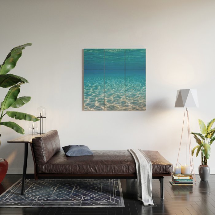 Underwater Blue Ocean, Sandy sea bottom Underwater background Wood Wall Art Gallery Image 2