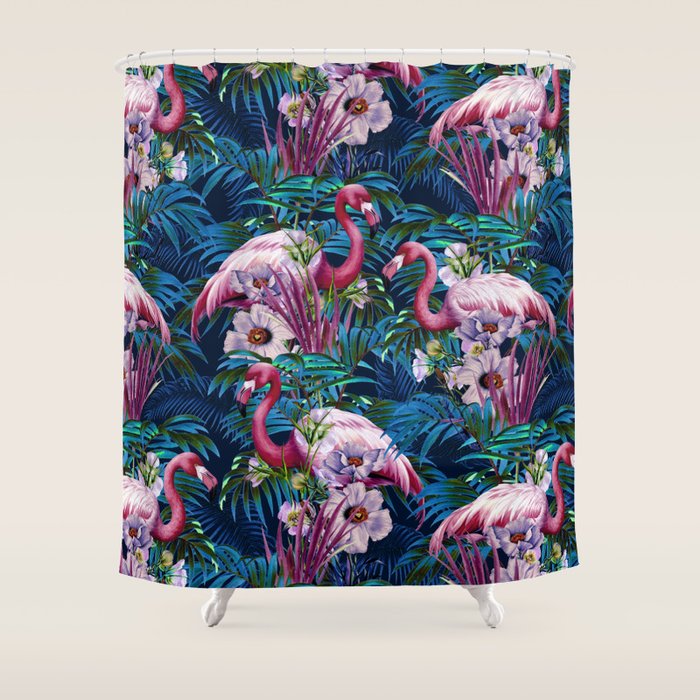 Night Forest Flamingos Shower Curtain Gallery Image 1