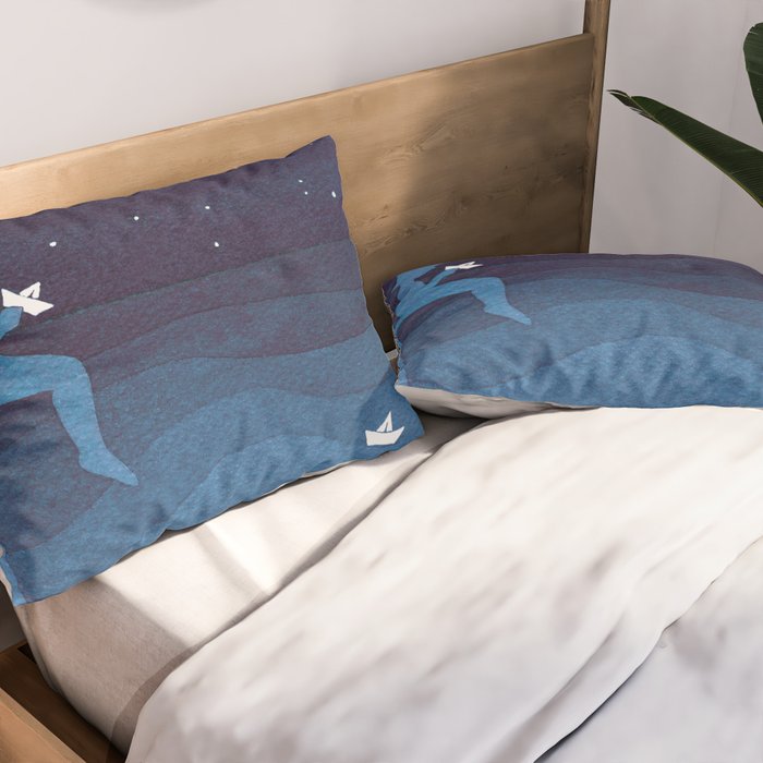 Boy with paper boats, blue Pillow Sham Gallery Image 2