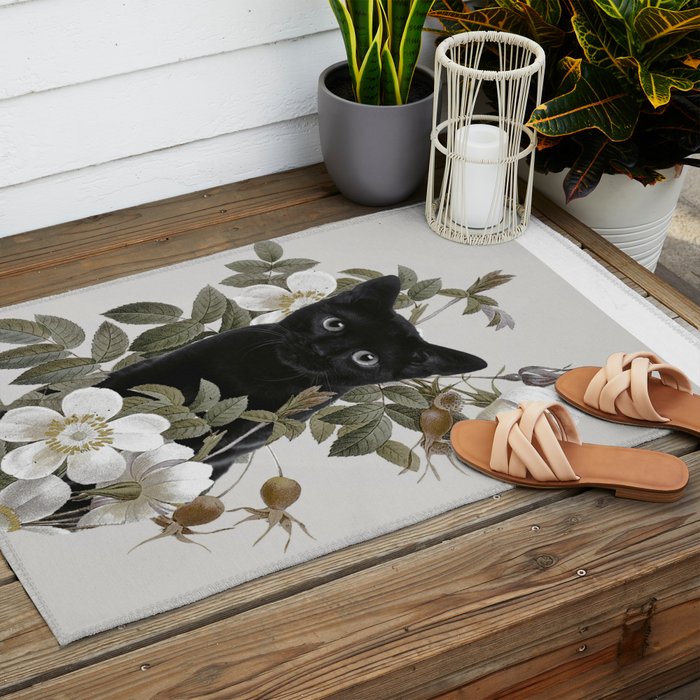 Cat With Flowers Outdoor Rug Gallery Image 2