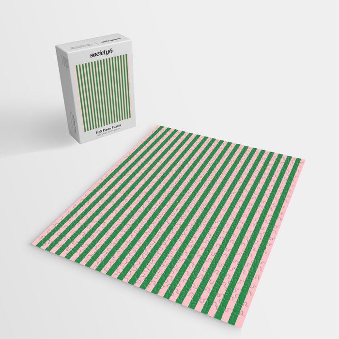 Narrow Stripes Vertical Pattern in Kelly Green and Blush Pink Jigsaw Puzzle Gallery Image 2
