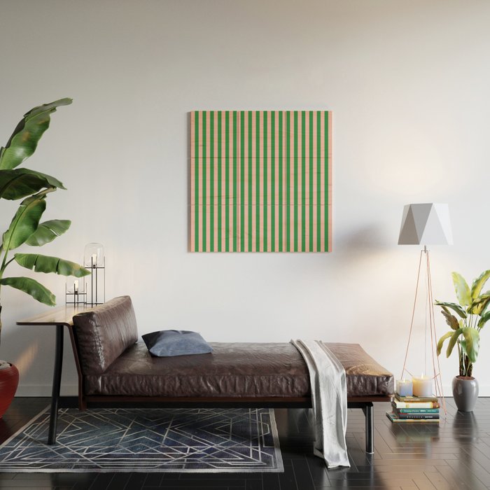 Narrow Stripes Vertical Pattern in Kelly Green and Blush Pink Wood Wall Art Gallery Image 2