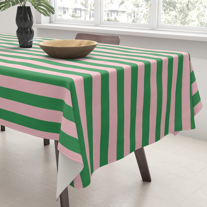 Narrow Stripes Vertical Pattern in Kelly Green and Blush Pink Tablecloth Gallery Image 3