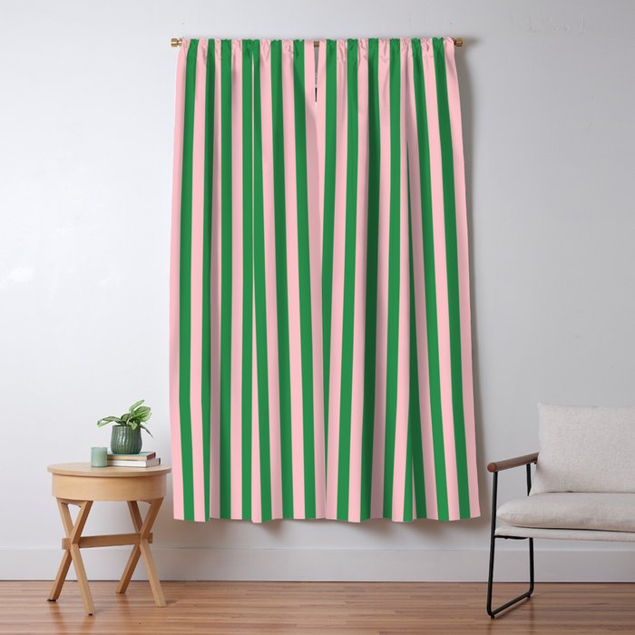 Narrow Stripes Vertical Pattern in Kelly Green and Blush Pink Window Curtain Gallery Image 5