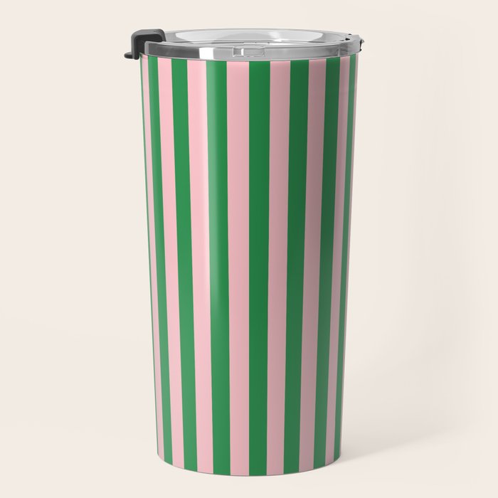 Narrow Stripes Vertical Pattern in Kelly Green and Blush Pink Travel Mug Gallery Image 3