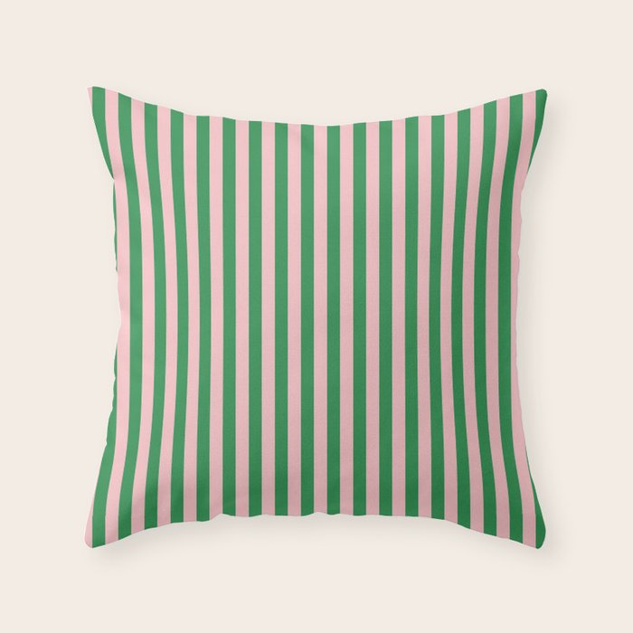Narrow Stripes Vertical Pattern in Kelly Green and Blush Pink Throw Pillow Gallery Image 6
