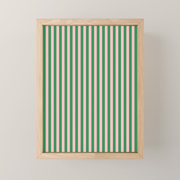 Narrow Stripes Vertical Pattern in Kelly Green and Blush Pink Mini Art Print Gallery Image 1