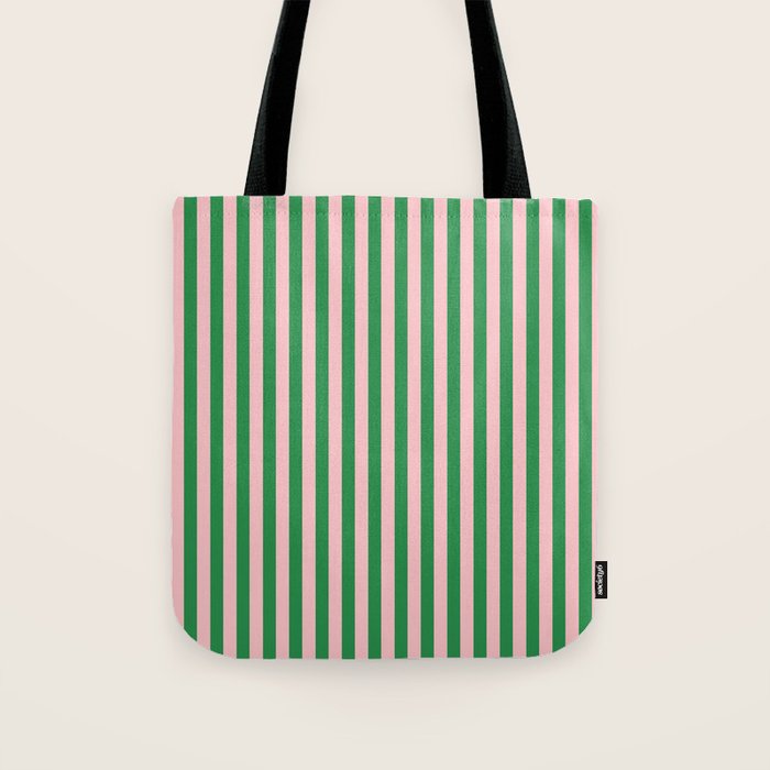 Narrow Stripes Vertical Pattern in Kelly Green and Blush Pink Tote Bag Gallery Image 1