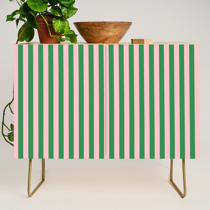 Narrow Stripes Vertical Pattern in Kelly Green and Blush Pink Credenza Gallery Image 1