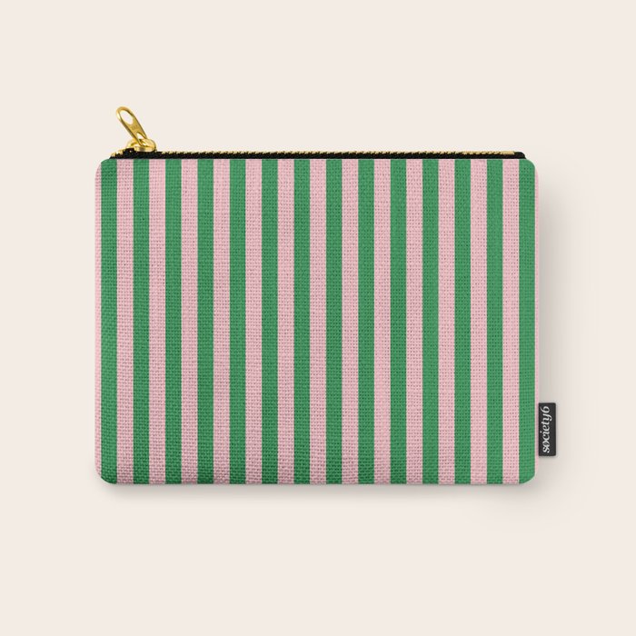 Narrow Stripes Vertical Pattern in Kelly Green and Blush Pink Carry All Pouch Gallery Image 1