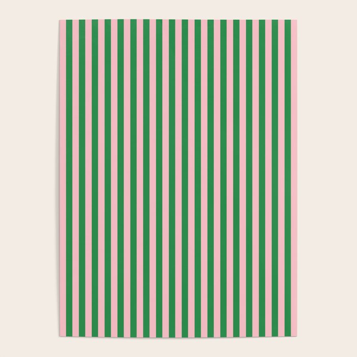 Narrow Stripes Vertical Pattern in Kelly Green and Blush Pink Poster Gallery Image 4