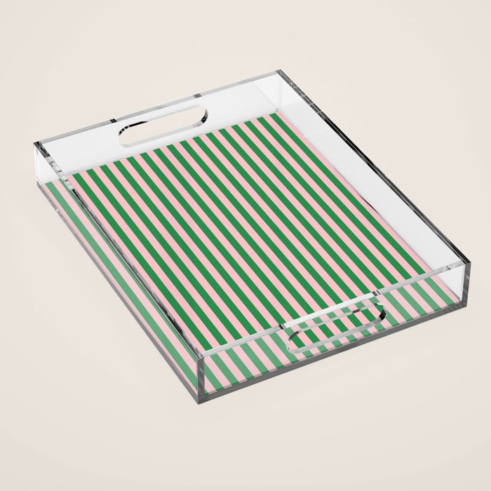 Narrow Stripes Vertical Pattern in Kelly Green and Blush Pink Acrylic Tray Gallery Image 1