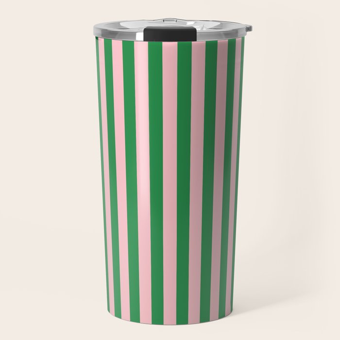 Narrow Stripes Vertical Pattern in Kelly Green and Blush Pink Travel Mug Gallery Image 1