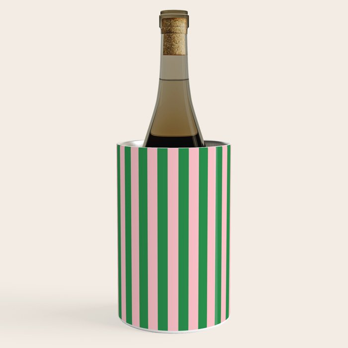 Narrow Stripes Vertical Pattern in Kelly Green and Blush Pink Wine Chiller Gallery Image 1
