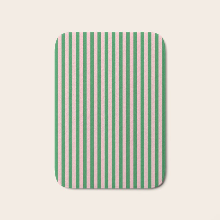 Narrow Stripes Vertical Pattern in Kelly Green and Blush Pink Bath Mat Gallery Image 1