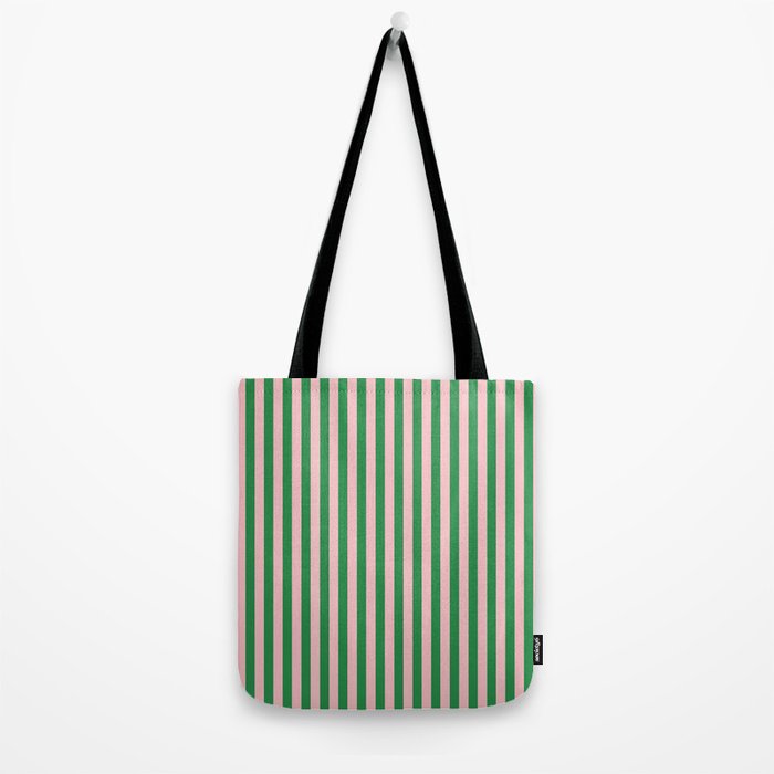 Narrow Stripes Vertical Pattern in Kelly Green and Blush Pink Tote Bag Gallery Image 2