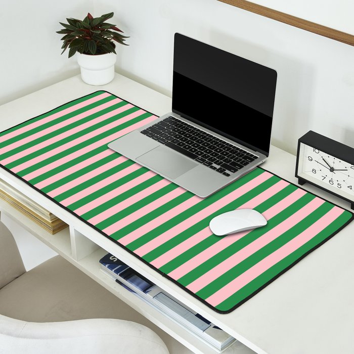 Narrow Stripes Vertical Pattern in Kelly Green and Blush Pink Desk Mat Gallery Image 2