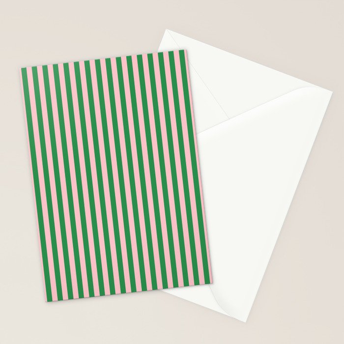 Narrow Stripes Vertical Pattern in Kelly Green and Blush Pink Stationery Card Gallery Image 2