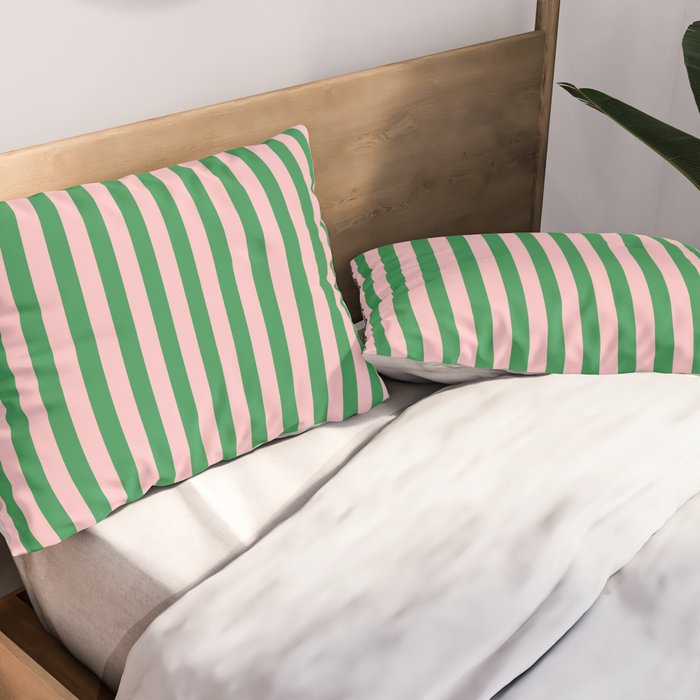 Narrow Stripes Vertical Pattern in Kelly Green and Blush Pink Pillow Sham Gallery Image 2