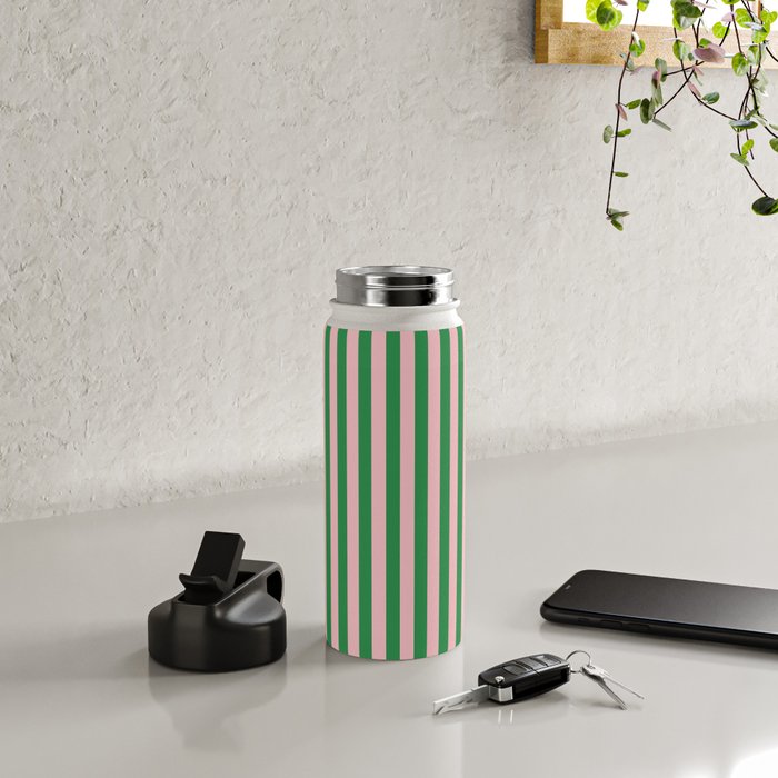 Narrow Stripes Vertical Pattern in Kelly Green and Blush Pink Water Bottle Gallery Image 4