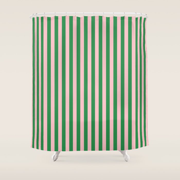 Narrow Stripes Vertical Pattern in Kelly Green and Blush Pink Shower Curtain Gallery Image 1