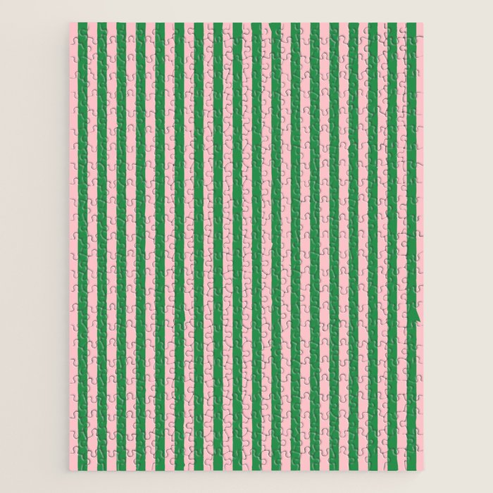 Narrow Stripes Vertical Pattern in Kelly Green and Blush Pink Jigsaw Puzzle Gallery Image 1