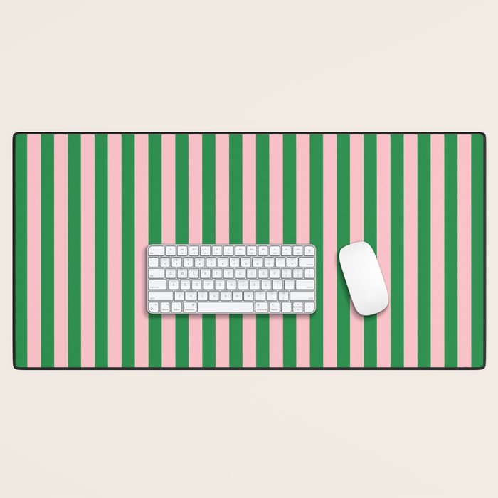 Narrow Stripes Vertical Pattern in Kelly Green and Blush Pink Desk Mat Gallery Image 1