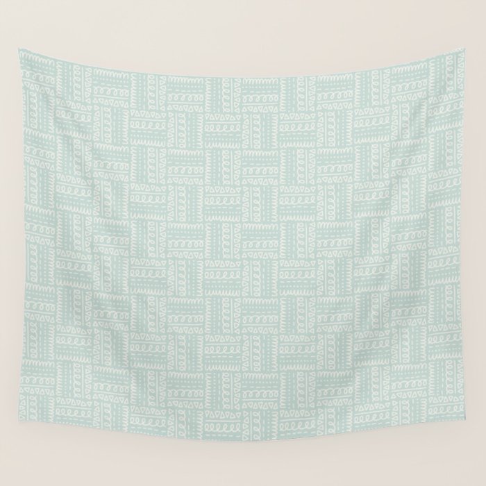 Mudcloth Doodle Squares . Soft Aqua Wall Tapestry Gallery Image 1