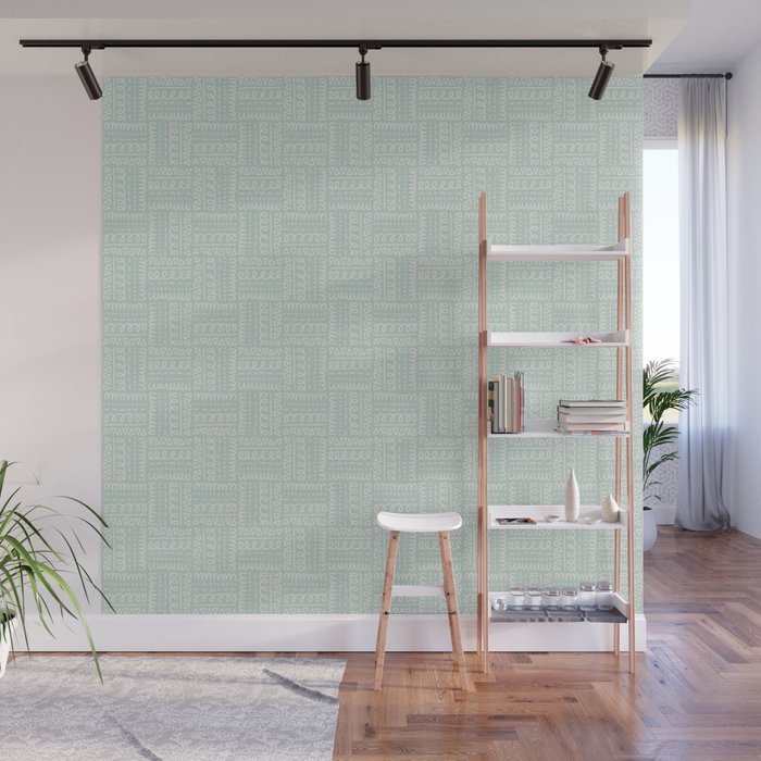 Mudcloth Doodle Squares . Soft Aqua Wall Mural Gallery Image 1