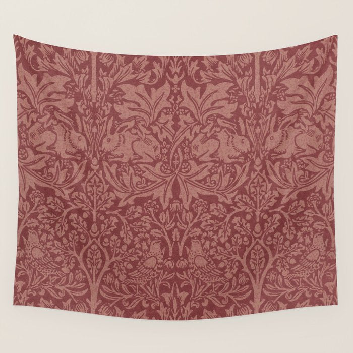William Morris Brer Rabbit Brick Red Vintage Pattern Wall Tapestry Gallery Image 1