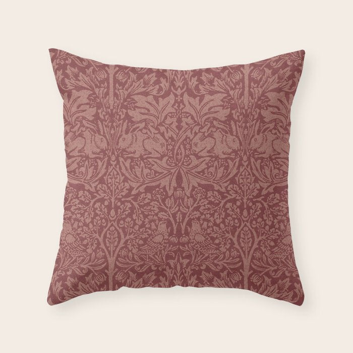 William Morris Brer Rabbit Brick Red Vintage Pattern Throw Pillow Gallery Image 1