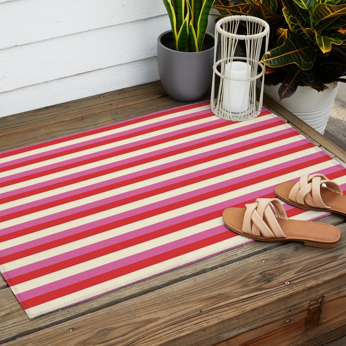 Retro Pink and Red Vertical Stripes Outdoor Rug Gallery Image 2