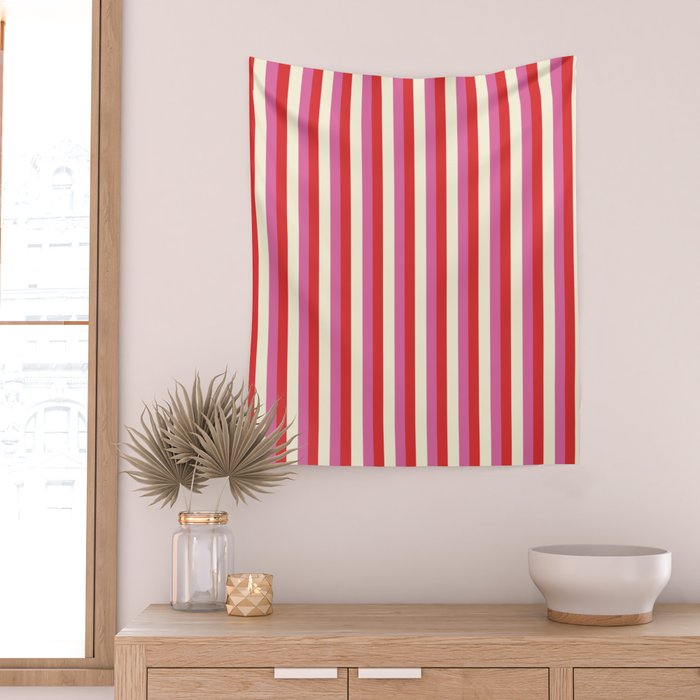 Retro Pink and Red Vertical Stripes Wall Tapestry Gallery Image 2