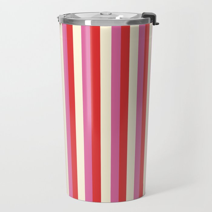 Retro Pink and Red Vertical Stripes Travel Mug Gallery Image 2
