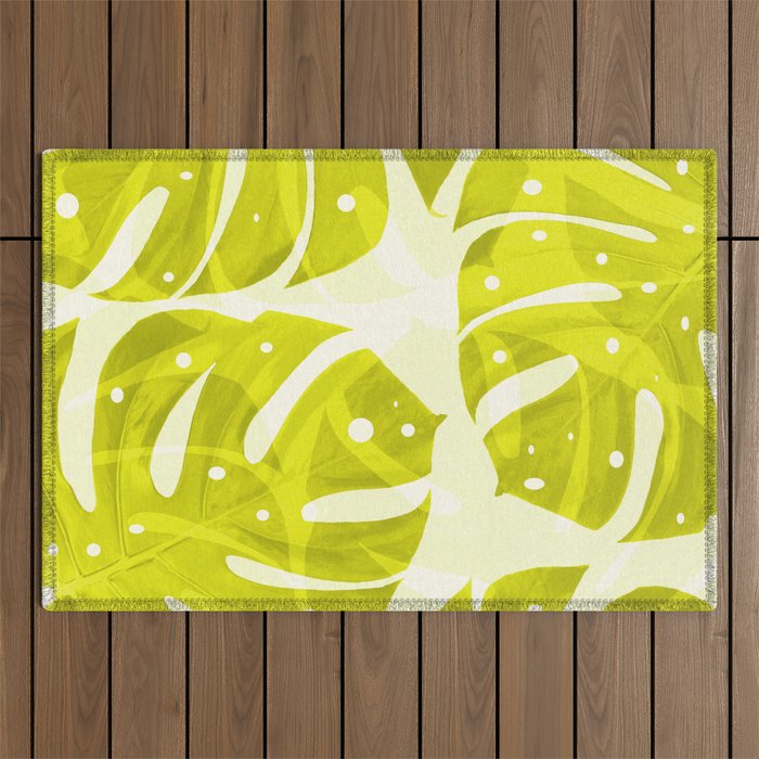 Lime Green Monstera Leaves Light Background #decor #society6 #buyart Outdoor Rug Gallery Image 1