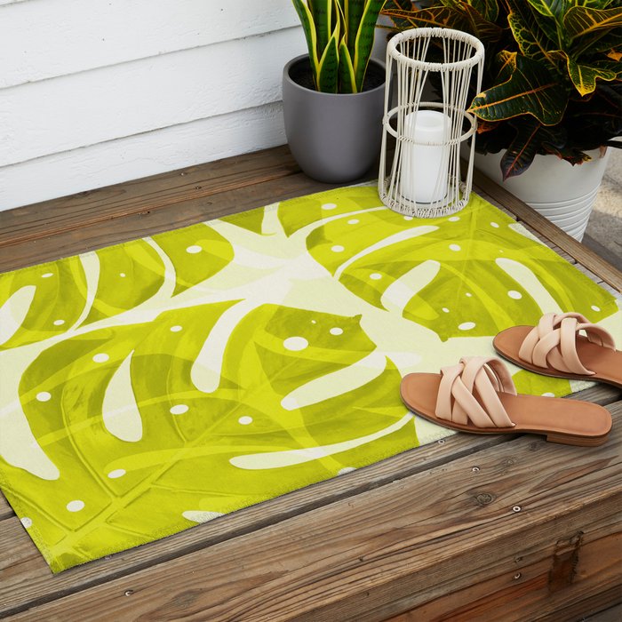 Lime Green Monstera Leaves Light Background #decor #society6 #buyart Outdoor Rug Gallery Image 2