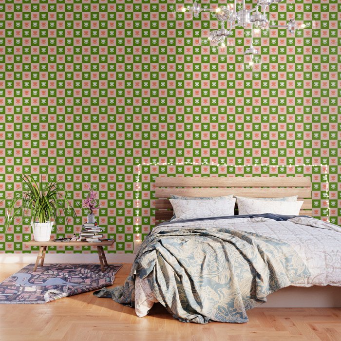 Retro Checkered Tulips Pattern - Pink and Green Wallpaper Gallery Image 3
